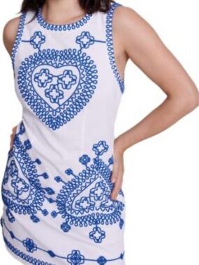 Maje White Dress with Blue Embroidered Heart Motifs
